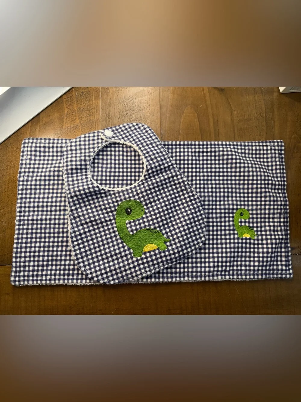 Baby burp cloth and bib blue checkered dinosaur handmade new set
